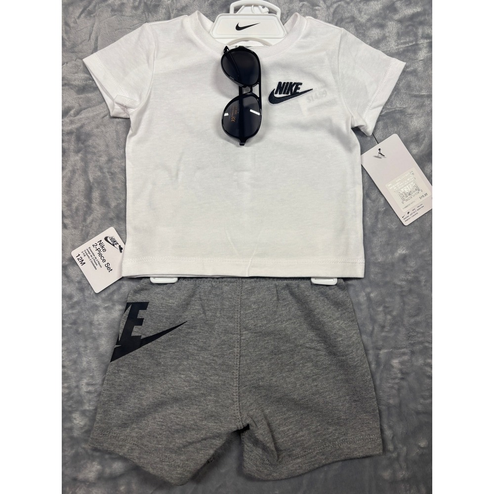 Nike Baby Boy Shirt Shorts 12M White Grey + Boutique Aviator Sunglasses 3pc Set